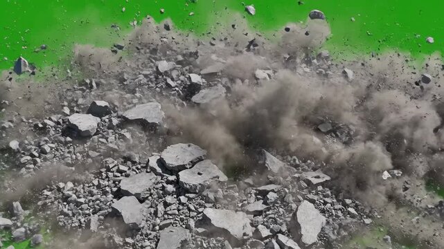 Dramatic concrete slab destruction with flying debris and dust cloud, perfect for VFX compositing