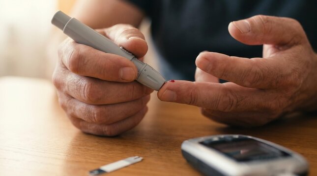 Closeup of an elderly person using a blood glucose meter to check their blood sugar levels at home