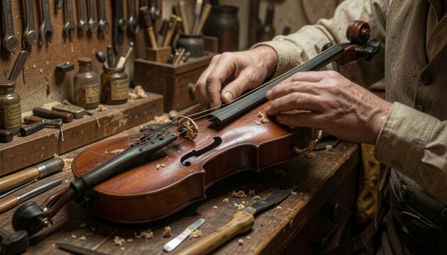 Elderly man repairing a fiddle with brush and violin body on organized workbench