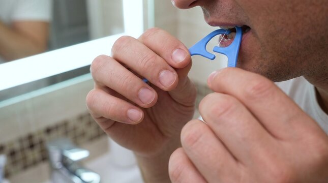 Closeup of a man using a dental floss pick to clean his teeth in front of a bathroom mirror