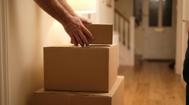 Closeup of a delivery person placing a cardboard box on a stack of packages in a hallway