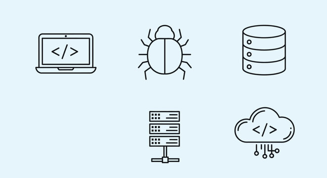 Set of computer programming and information technology line art icons.