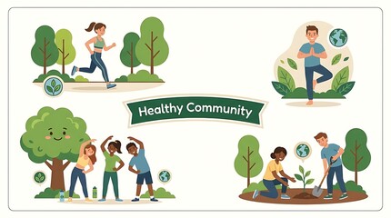 Fototapeta premium A diverse and vibrant community embracing healthy outdoor activities, promoting personal well-being, physical fitness, mindfulness, and environmental care in a refreshing natural setting