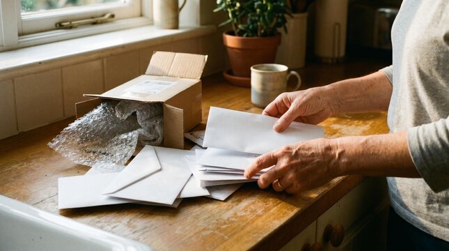 Person sorting through a stack of white envelopes on a wooden kitchen counter next to a shipping box