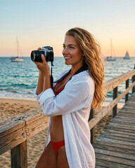 Fototapeta premium Smiling woman taking picture at golden hour, blonde hair blowing, white shirt and red bikini, photographer at beach, posing by waterfront boardwalk.