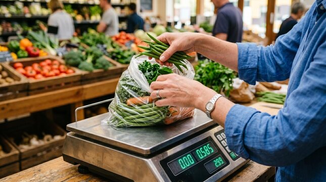 Person weighing fresh green beans and vegetables on a digital scale in a grocery store