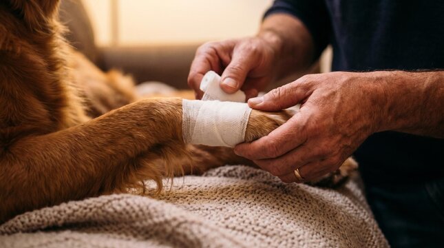 Closeup of a person bandaging a dogs paw at home, showing care and veterinary first aid for a pet injury