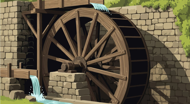 Vector illustration of a large rustic wooden waterwheel powered by flowing water from a wooden flume, situated against a stone masonry wall of an old mill with green ivy and splashes.
