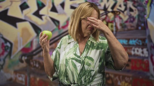 Woman holds bright green apple and pinches nose at a foul odor in graffiti stairway street; disgust aversion.