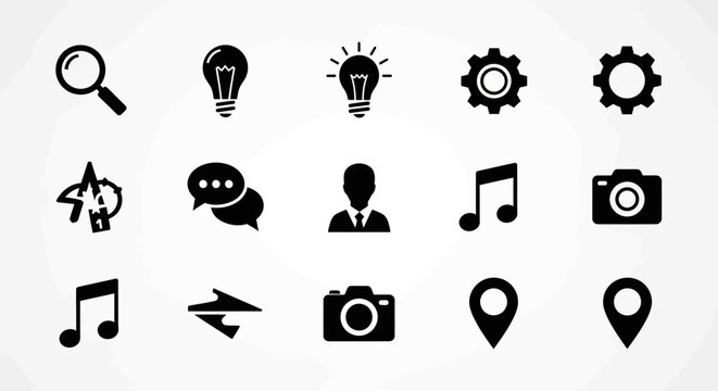 Set of 15 versatile black and white icons for web and app design, representing common digital functions and concepts