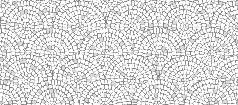 Ancient fan mosaic pattern for floor. Seamless vector background of antique Mediterranean stone pavement, cobblestone fan ornament and Florentine arch masonry for architectural design.