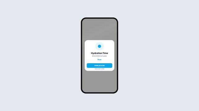 Hydration time daily water intake reminder notification pop up on mobile smartphone device interface application