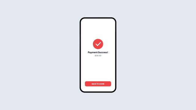 Mobile app transaction completed notification on phone screen displaying red success check mark after scanning barcode QR code
