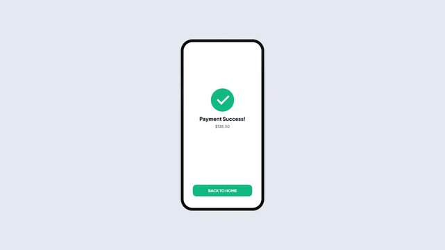 Mobile app payment success screen animation after scanning QR code showing green check mark icon on white phone mockup