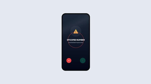 Mobile user interface screen alert showing spoofed number warning for potential bank impersonator phishing scam animation