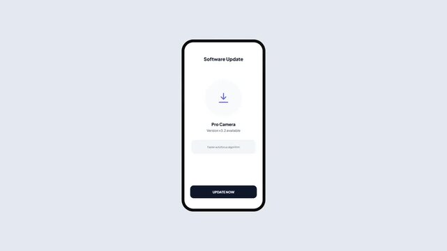 Mobile phone app user interface template showing pro camera software update with loading animation and successful installation status screen.