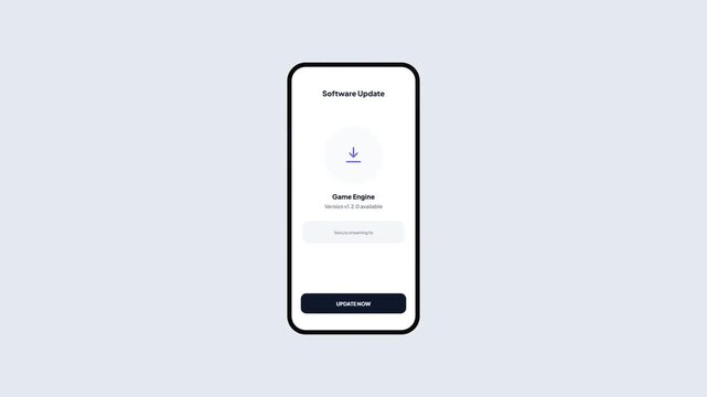 Smartphone application interface design displaying game engine system update with download installation progress bar and relaunch button.