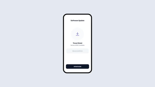 Mobile application UI design for software update showing threat shield security definitions installing and completion progress on smartphone mockup.