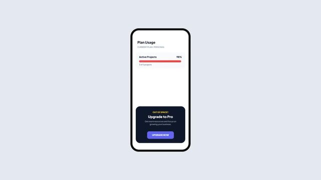 Smartphone Display Showing Active Projects Plan Usage with Upgrade to Pro Subscription Prompt UI Animation