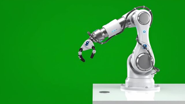 This advanced industrial robot arm showcases automated precision and futuristic technology on a green screen.