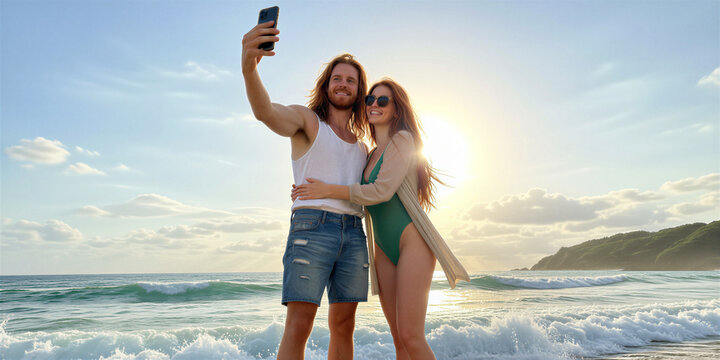 Smiling bearded man in white tank top and denim shorts holds phone and hugs smiling woman in green swimsuit on a beach with ocean waves and sunny sky.