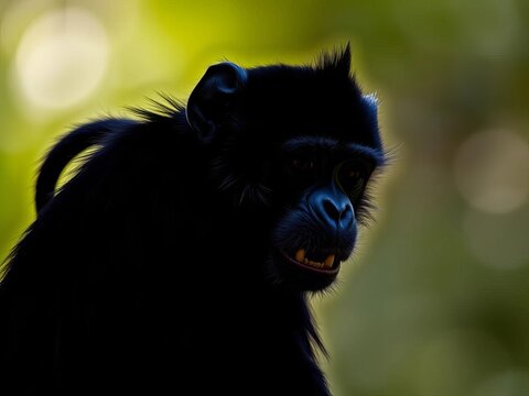 Silhouette of a black monkey with curly tail and expressive face, wildlife, trees