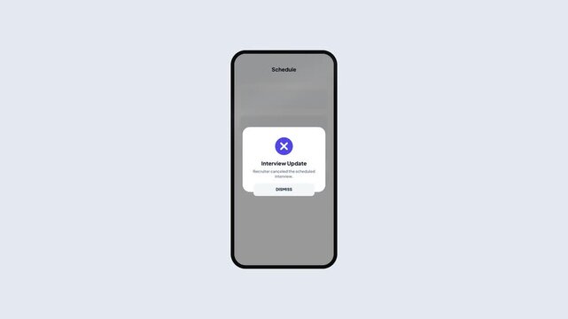 Recruitment Mobile App Screen Displaying Canceled Interview Notification Popup Interface