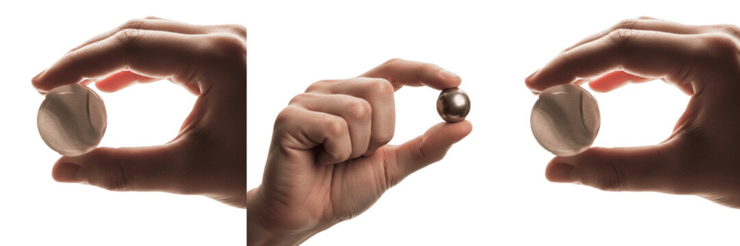Human Hand Holding Small Metallic Marble Isolated On Transparent Background Finger Pinch Gesture Rolling Ball