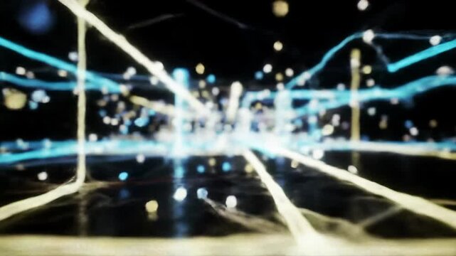 Futuristic abstract CGI, continuous tracking video along vibrant, illuminated digital conduits. Glowing data packets stream on luminous neural pathways with bokeh blur. Concept of high-speed