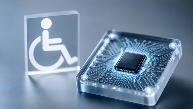 Digital accessibility technology concept with glowing computer microchip and disabled wheelchair icon on glass block
