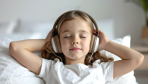 Young girl with eyes closed wearing headphones and listening to music, relaxed pose with hands behind head, peaceful enjoyment