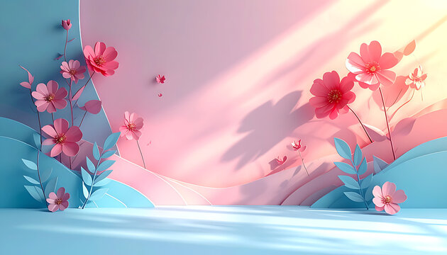 Soft pink and blue floral spring background with delicate paper flowers and gentle sunlight, elegant springtime scene