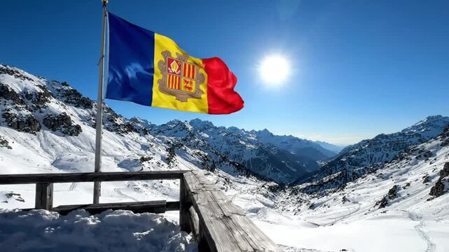 Andorran flag waving over snowy pyrenees mountains