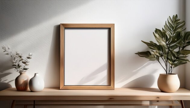 wooden frame on white wall with blank space for artwork or photo minimal interior design natural texture and simple decoration in modern room