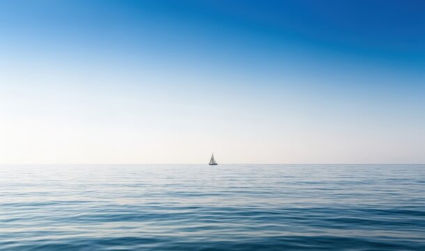 Small sailboat on the horizon of a calm blue ocean under a clear sky with sailboat, peaceful
