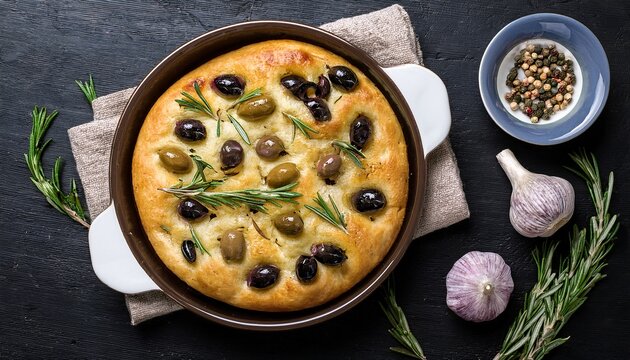 italian focaccia bread with garic fresh baked focaccia with olives garlic and herbs top view
