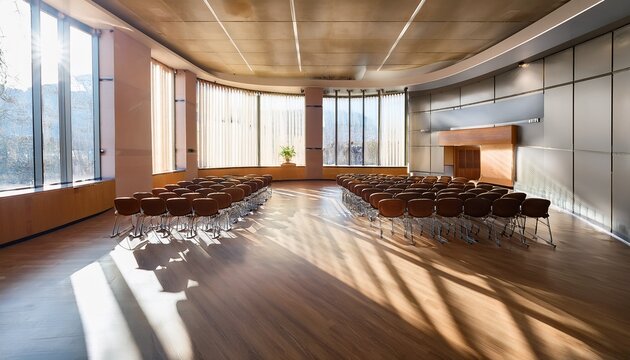 empty modern auditorium hall with wooden podium and rows of chairs illuminated by natural sunlight for seminars and conferences