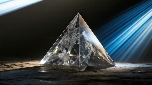 A clear, multi-faceted pyramid stands on a textured surface, bathed in light, with a dark backdrop