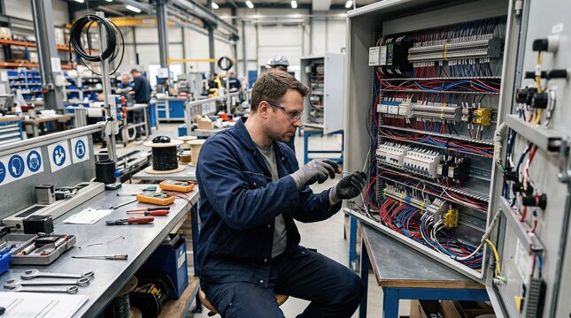 Skilled technician assembling turbine control cabinets with complex wiring and relay components focused on precision and industrial safety in a modern workshop setting.