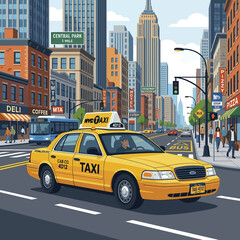 Obraz premium Classic yellow taxi cab driving through city streets.