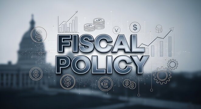 Fiscal policy text displayed in a modern graphic style featuring financial icons and charts representing government economic decisions and national budget management strategies
