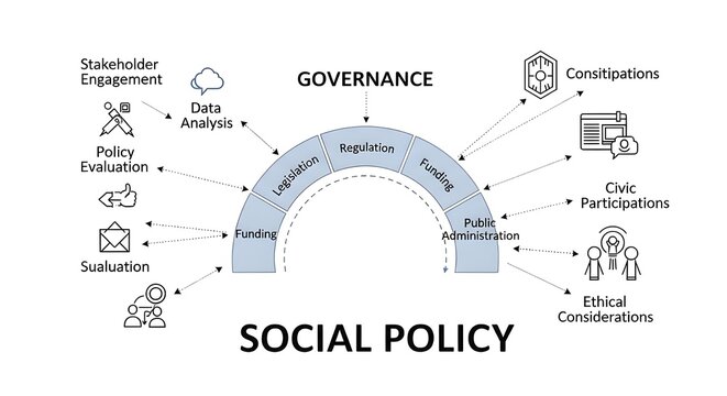 Governance and social policy flowchart displays key administrative sectors including legislation and regulation along with multiple stakeholder engagement points for strategic planning processes