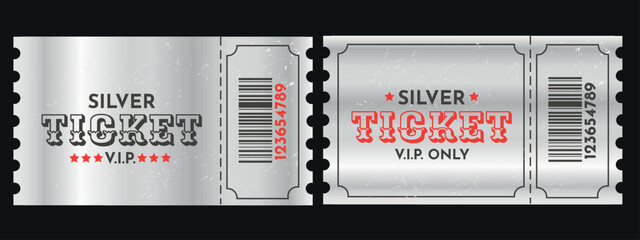 Obraz premium Set of silver VIP tickets with barcode and vintage typography. Luxury silver event coupons with metallic gradient effect, perforated edges, and grunge texture for exclusive access, cinema, or shows.