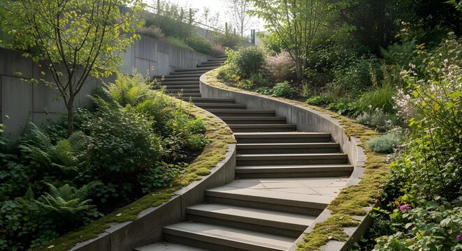 Concrete outdoor stairs curve gracefully through a lush landscaped park with beautiful green foliage and sunlight filtering through the trees on a summer day