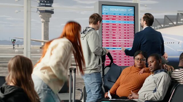 Upset men and women in airport dejected by plane being late, checking departure time on FIDS screen. Passengers bummed by flight delay announced on electronic timetable display, tedious waiting
