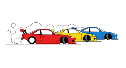 Three drifting cars, red, yellow, blue, generating smoke © udin