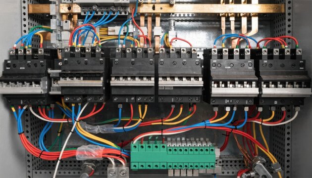 Medium shot of a compact electrical panel being wired showcasing meticulous installation of breakers and terminals inside a tightly arranged control cabinet.