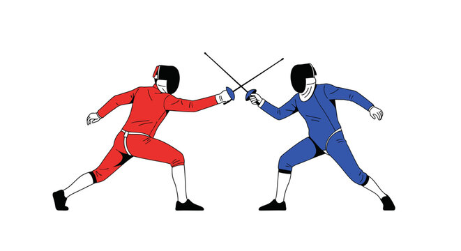 Two Fencers in Red and Blue Suits Competing with Swords