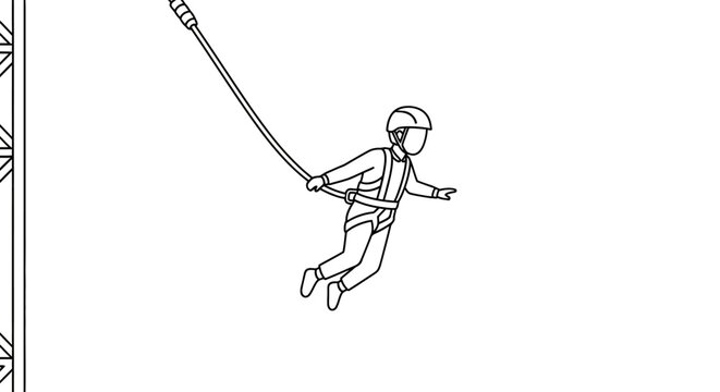 Child bungee jumping with safety harness and helmet, line art