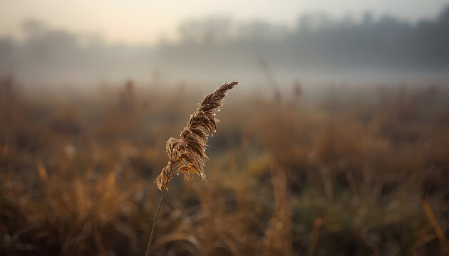 Single withered pampas grass with morning dewdrops in a misty autumn marshland at dawn